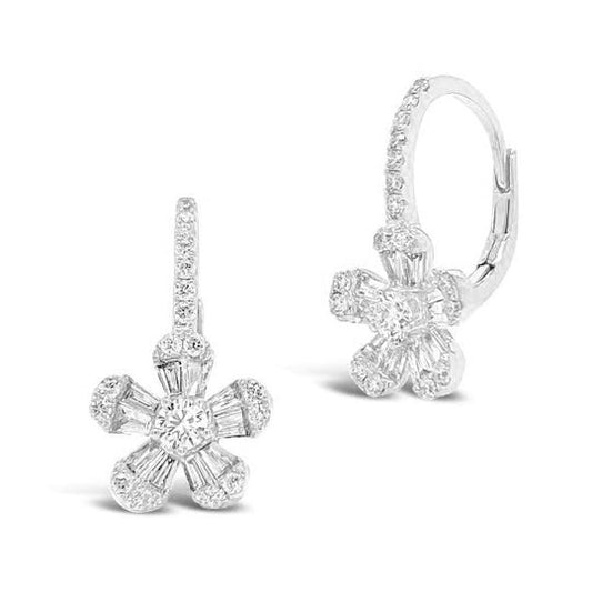 14k White Gold Baguette and Round Diamond Flower Earring with 56 diamonds and total carat weight 0.74Ct.