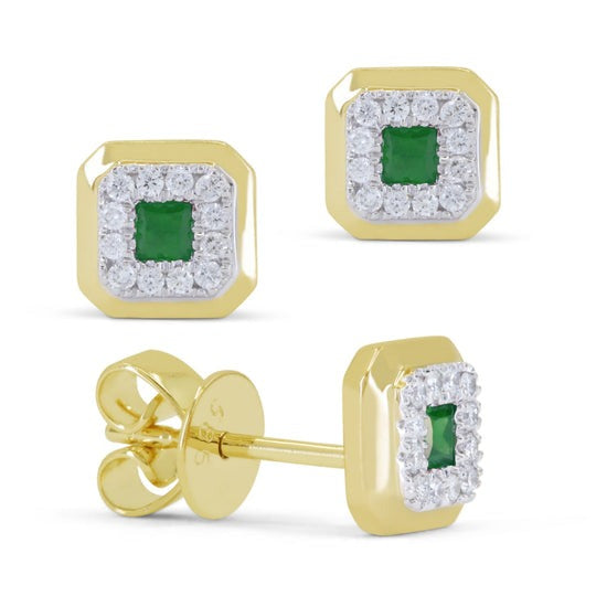 14k Yellow Gold 0.13Ct Emerald, 0.09ct Diamond Earring