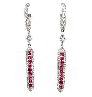 18k White Gold 0.97 Ct Ruby, 0.62 Ct Diamond Dangle Earring