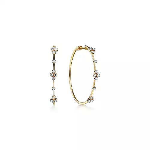 14K Yellow Gold Prong Set 40mm Round Classic 0.50 Ct Diamond Hoop Earrings