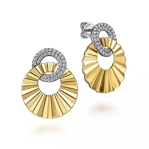 14K White and Yellow Gold Double Round Disk Earrings Stud With 0.53Ct Diamond Cut Texture