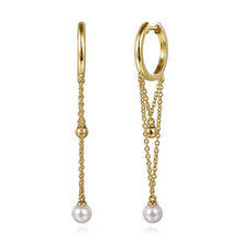 Load image into Gallery viewer, 14K Yellow Gold Bujukan And Pearl Huggie Drop Earrings
