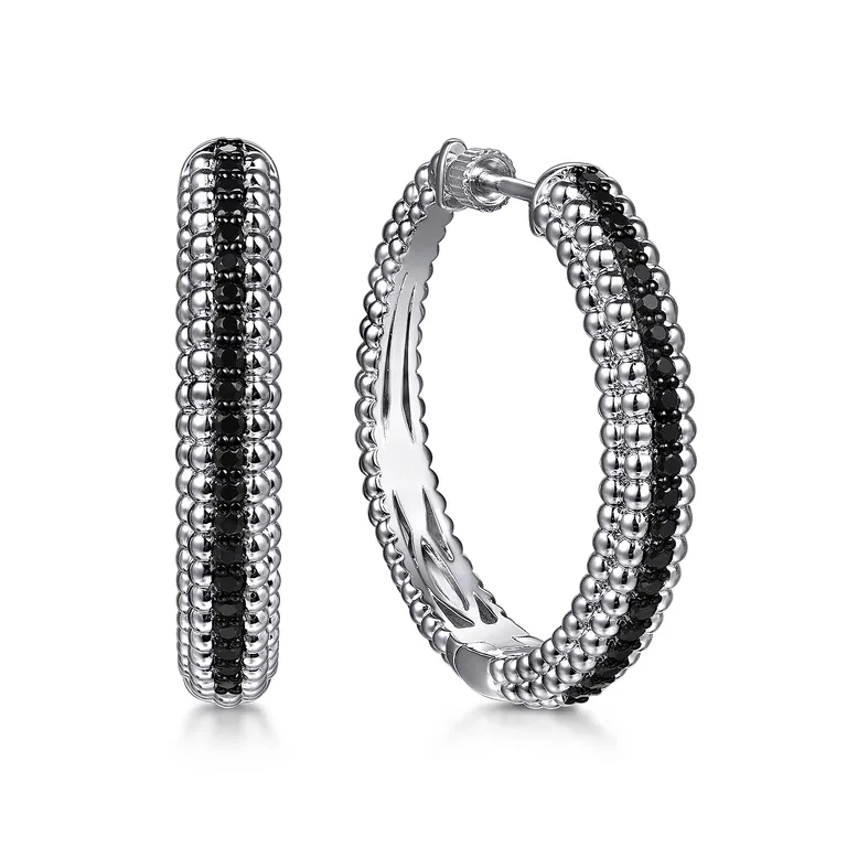 Gabriel Sterling Silver 30mm Bujukan Beaded 0.77Ct Black Spinel Hoop Earring