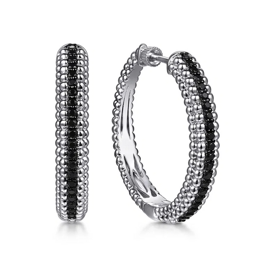 Gabriel Sterling Silver 30mm Bujukan Beaded 0.77Ct Black Spinel Hoop Earring