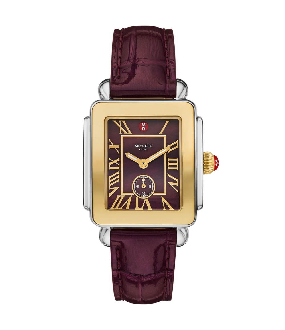 Michele Deco Sport Mid Gold-Plated Dark Cherry Leather Watch