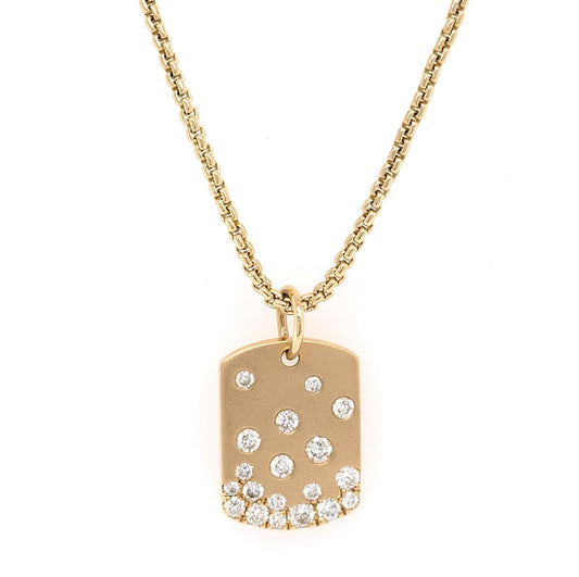 14k Yellow Gold 0.73Ct Diamond Dog Tag Charm with 19 Diamonds, on a 16 Inch Round Box Chain