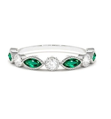 14k White Gold 0.38Ct Emerald, 0.16Ct Diamond Band