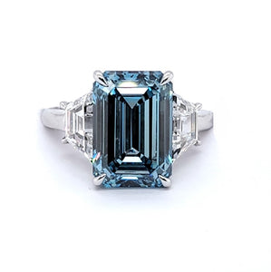 14k White Gold 8.29Ct Emerald Cut Lab Diamond VS Deep Blue, 3.07Ct Total Weight Trapezoid Diamond All Lab Grown IGI