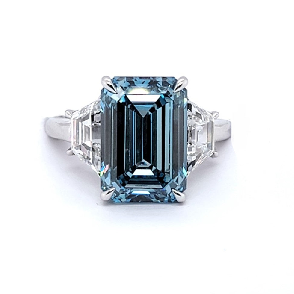 14k White Gold 8.29Ct Emerald Cut Diamond VS Deep Blue, 3.07Ct Total Weight Trapezoid Diamond All Lab Grown IGI