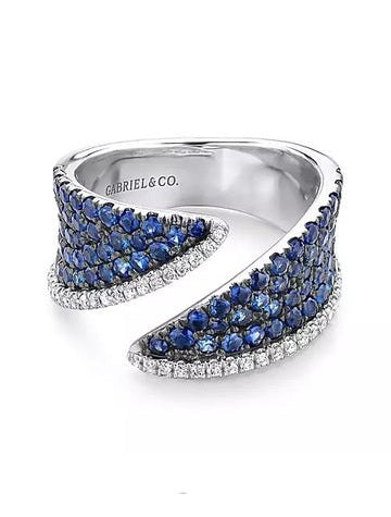 14k White Gold 1.34Ct Sapphire, 0.20Ct Diamond By Pass Ring