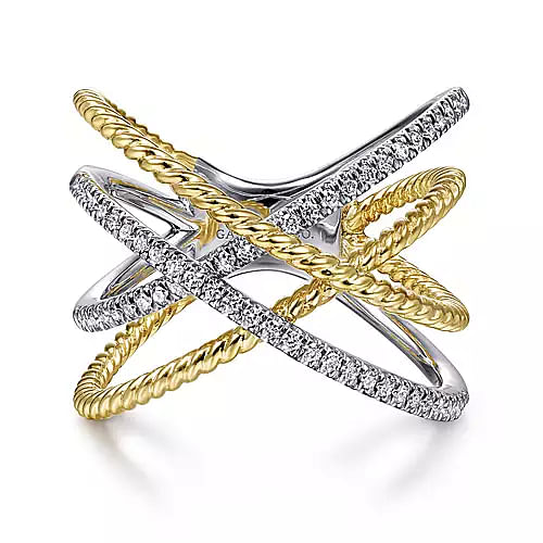14k White and Yellow Gold 0.26Ct Diamond Double Criss Cross Ring