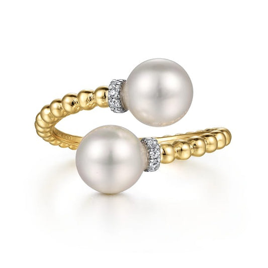 14K White-Yellow Gold  0.05ct Diamond and Pearl Bujukan Bypass Ring
