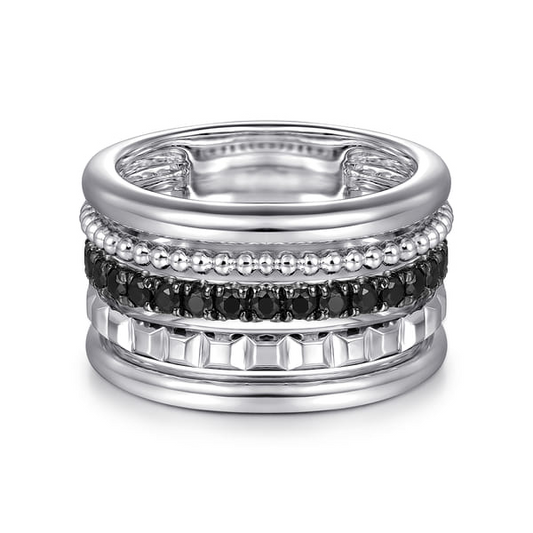 Sterling Silver Bujukan 0.93Ct Black Spinel and Pyramid Multi Row  Ladies Ring, Size 7.0