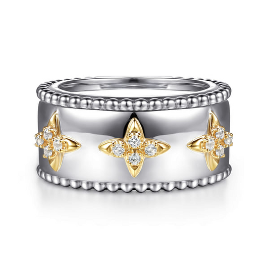 14K Yellow Gold and Sterling Silver Bujukan White Sapphire Clover Smart Ring Enhancer, Size 8.0
