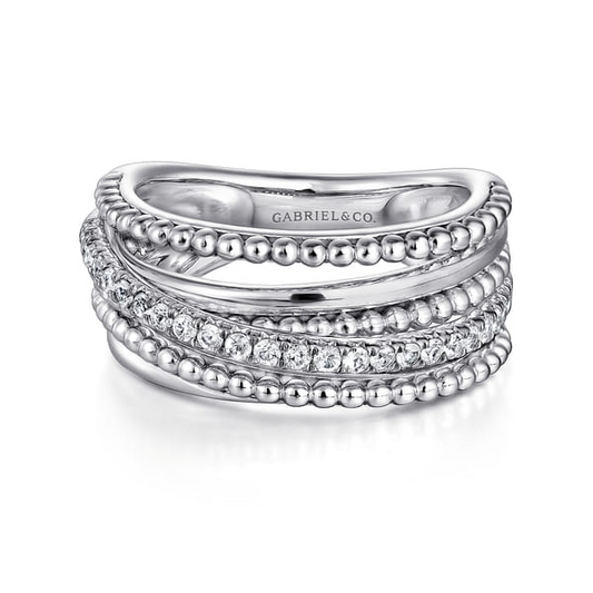 Sterling Silver Layered Bujukan Beaded 0.31Ct White Sapphire Ring, Size 6.5