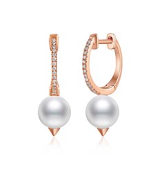 14K Gold 6.0 MM 2 Pearl, 0.07Ct Diamond Dangle Earring with 30 Diamonds, available in White, Rose and Yellow Gold