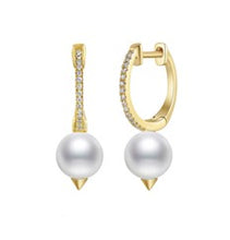 Load image into Gallery viewer, 14K Gold 6.0 MM 2 Pearl, 0.07Ct Diamond Dangle Earring with 30 Diamonds, available in White, Rose and Yellow Gold
