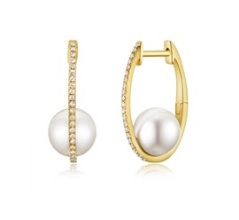 14k Gold 7.5MM 2 Pearl, 0.09Ct Diamond Earring with 42 Diamonds, available in White, Rose and Yellow Gold