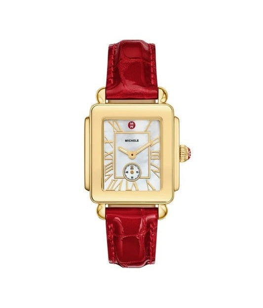 Michele Deco Sport Mid Gold Plated Ruby Red Leather Strap