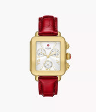 Load image into Gallery viewer, Michele Deco Sport 18K Gold-Plated Ruby Red Leather Watch
