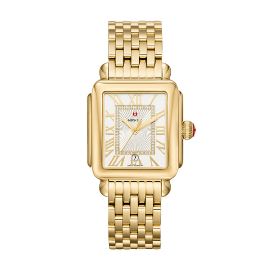 Michele Deco Madison 18K Gold Plated Watch, Silver White Sunray Dial with Diamonds