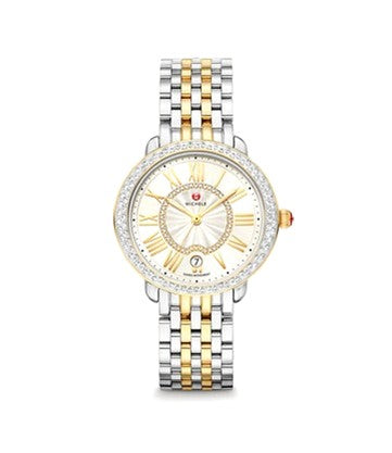 Michele Serein Mid Size Diamond Two Tone 18K Gold, Silver White Sunray Dial with Diamonds