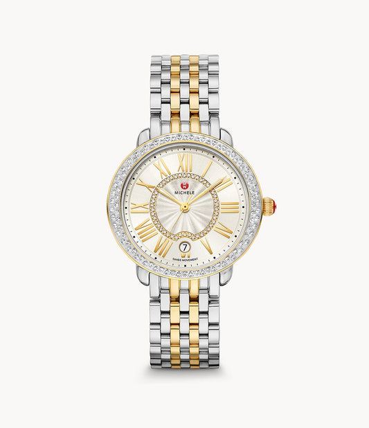 Michele Serein Mid Size Diamond Two Tone 18K Gold, Silver White Sunray Dial with Diamonds