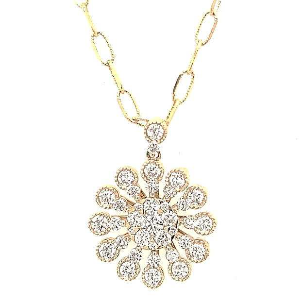 14Kt Yellow Gold 1.07Cts Diamond Cluster Necklace with 37 Diamonds.