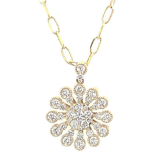14Kt Yellow Gold 1.07Cts Diamond Cluster Necklace with 37 Diamonds.