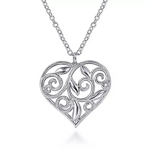 Sterling Silver Floral Inlay Heart Pendant 30 inch  Necklace