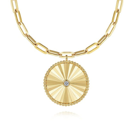 14K Yellow Gold Textured 0.05Ct Diamond Medallion Hollow 18 Inch Chain Necklace