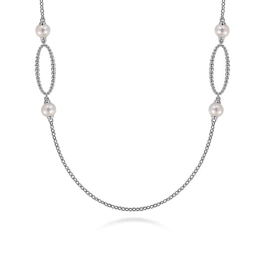 Gabriel Sterling Silver Bujukan Link and Pearl Station Necklace 32 Inch Long