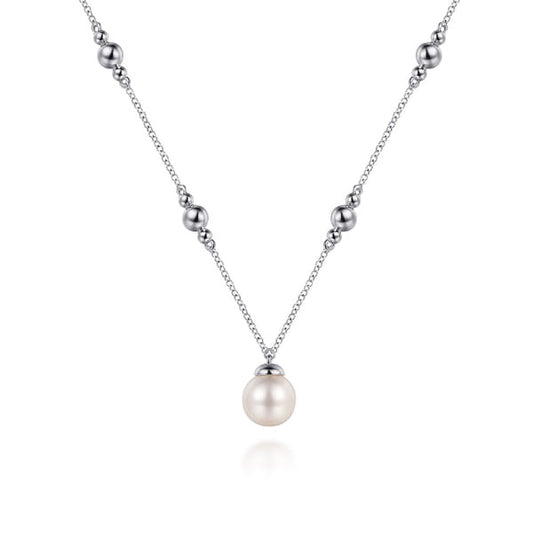 Sterling Silver Pearl and Bujukan Beads Station Necklace