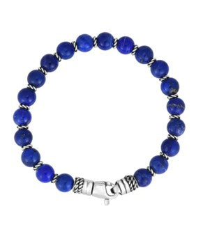 Men's Lapis Bead and Sterling Silver 8.25 Inch Long Bracelet