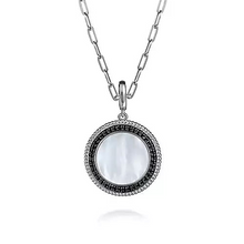 Load image into Gallery viewer, Sterling Silver White Mother Pearl and Black Spinel Bujukan Medallion Pendant in size 24mm
