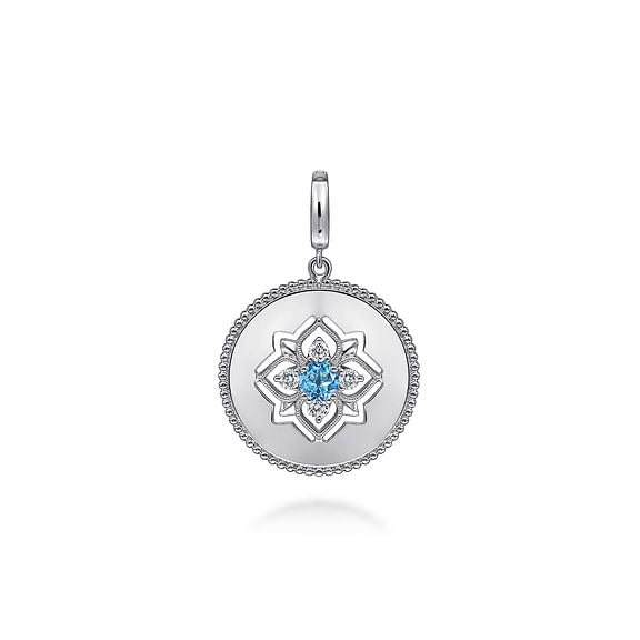 Gabriel Sterling Silver 0.46Ct Blue Topaz, 0.30Ct White Sapphire Bujukan Medallion Pendant in size 24mm