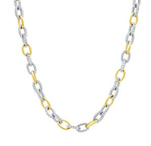 Sterling Silver and 14k Gold Plated Alternating Chain Link Necklace with Cubic Zirconia and 20 Inch Long