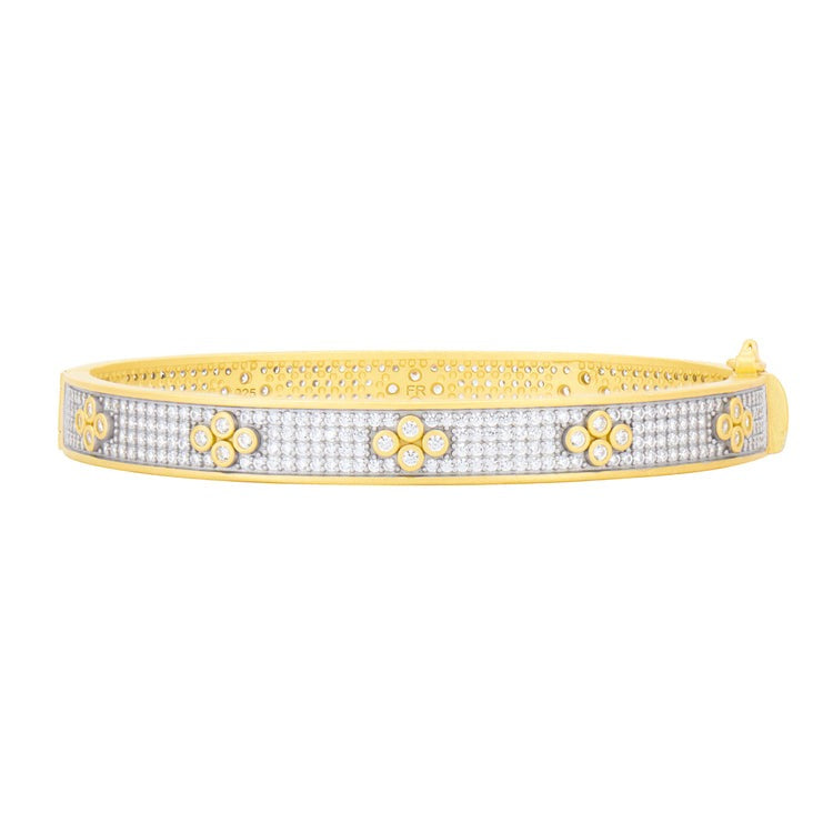 Freida Rothman Gold Plated Signature Brooklyn in Bloom Clover Hinge Pavé Bangle