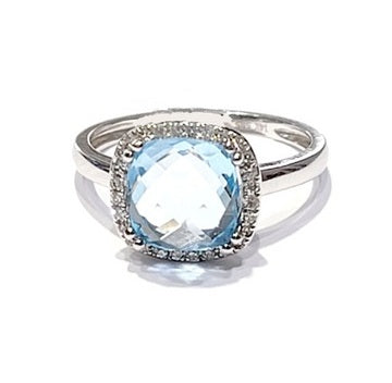14k White Gold Blue Topaz and 0.10Ct Diamond Ring