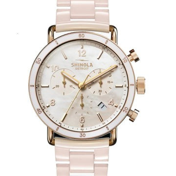 Shinola 40mm canfield sport, blush ceramic, MOP Dial