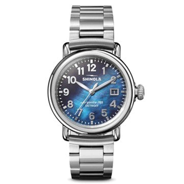 Shinola 36mm Runwell, Blue Mother of Pearl Dial, Steel Bracelet