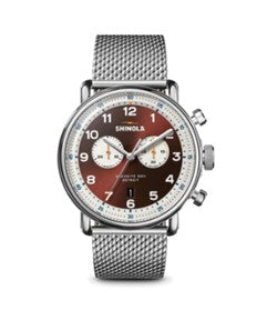 Shinola 43MM Canfield, Whiskey Brown chronograph dial, Steel Mesh bracelet