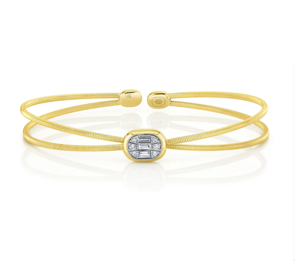 14k Yellow Gold 0.14Ct Baguettes, 0.06ct Round Diamond Bangle Bracelet