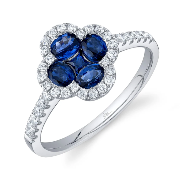 14k White Gold 1.03Cts Sapphire, 0.27Ct Diamond Clover Ring