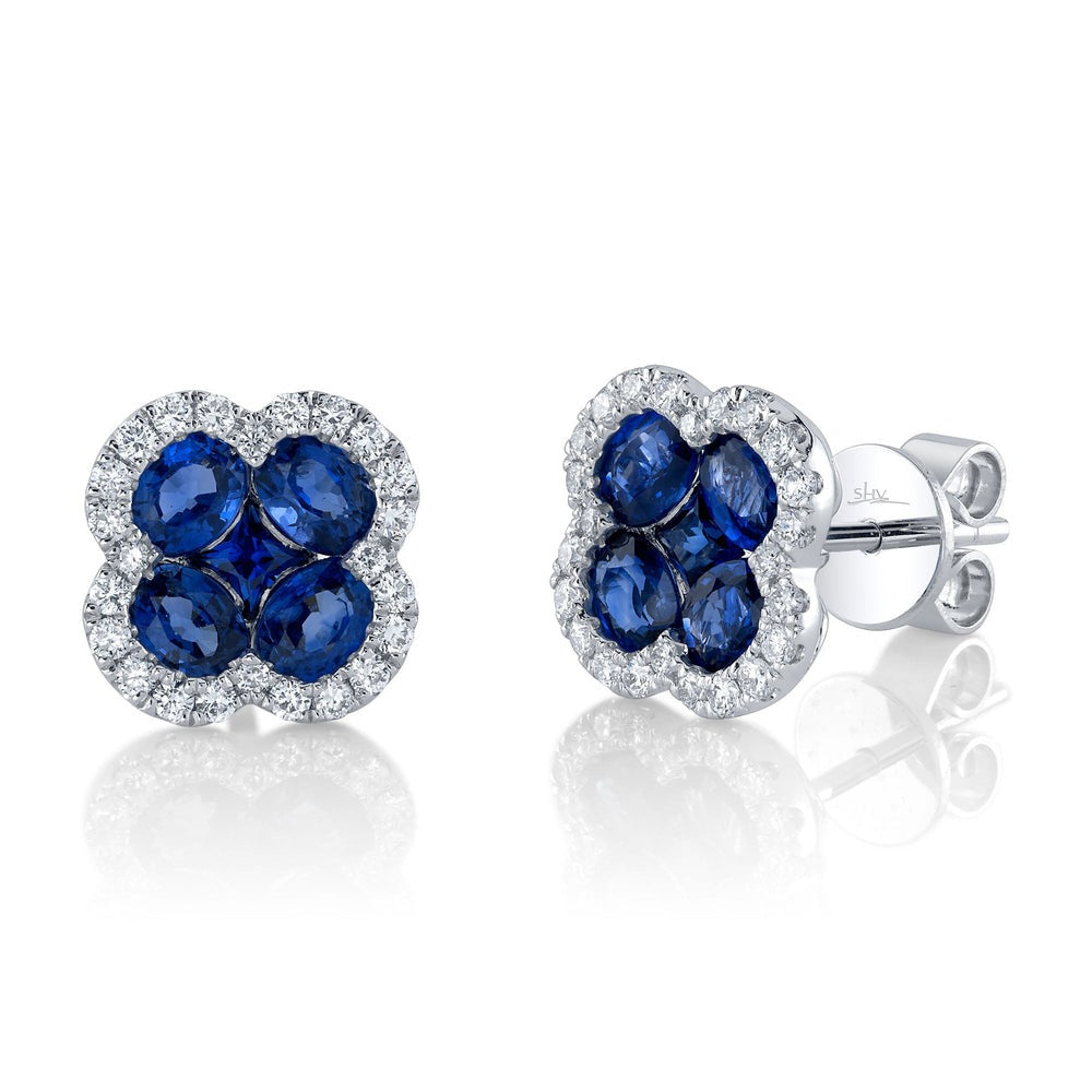 14k White Gold 2.31Cts Sapphire, 0.33Ct Diamond Earring in a Clover Shape