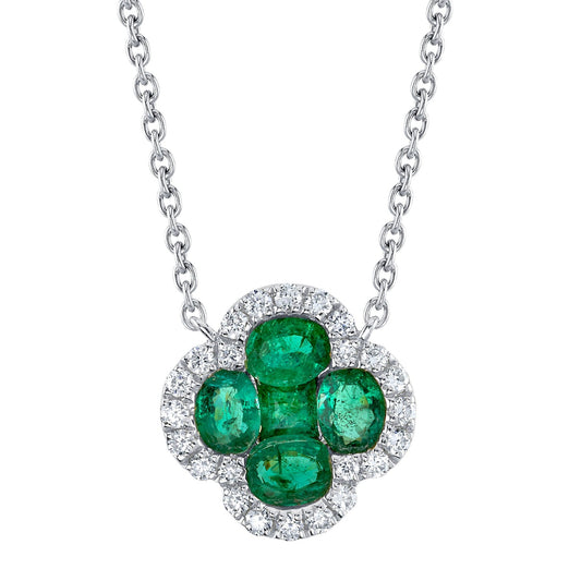 14k White Gold 0.65Ct Emerald, 0.16Ct Diamond Clover Necklace