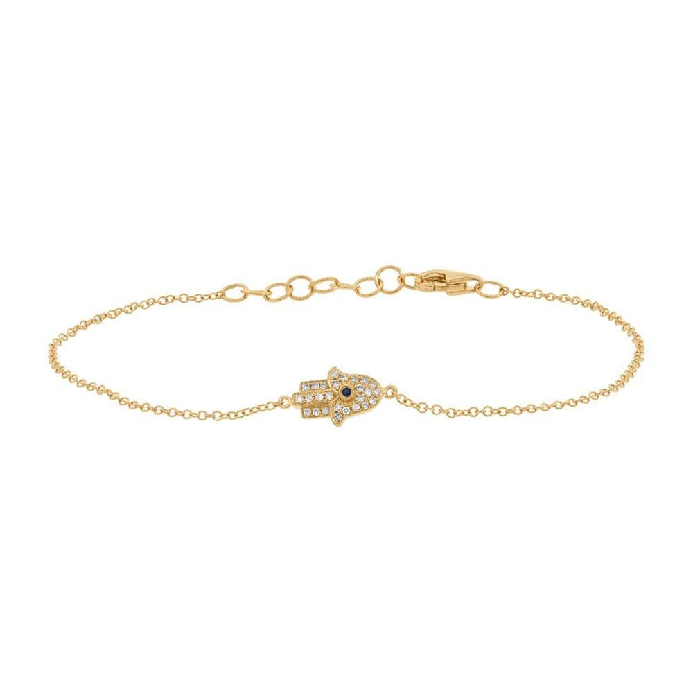 14k Yellow Gold 0.08Ct Diamond, 0.01 Sapphire Hamsa bracelet