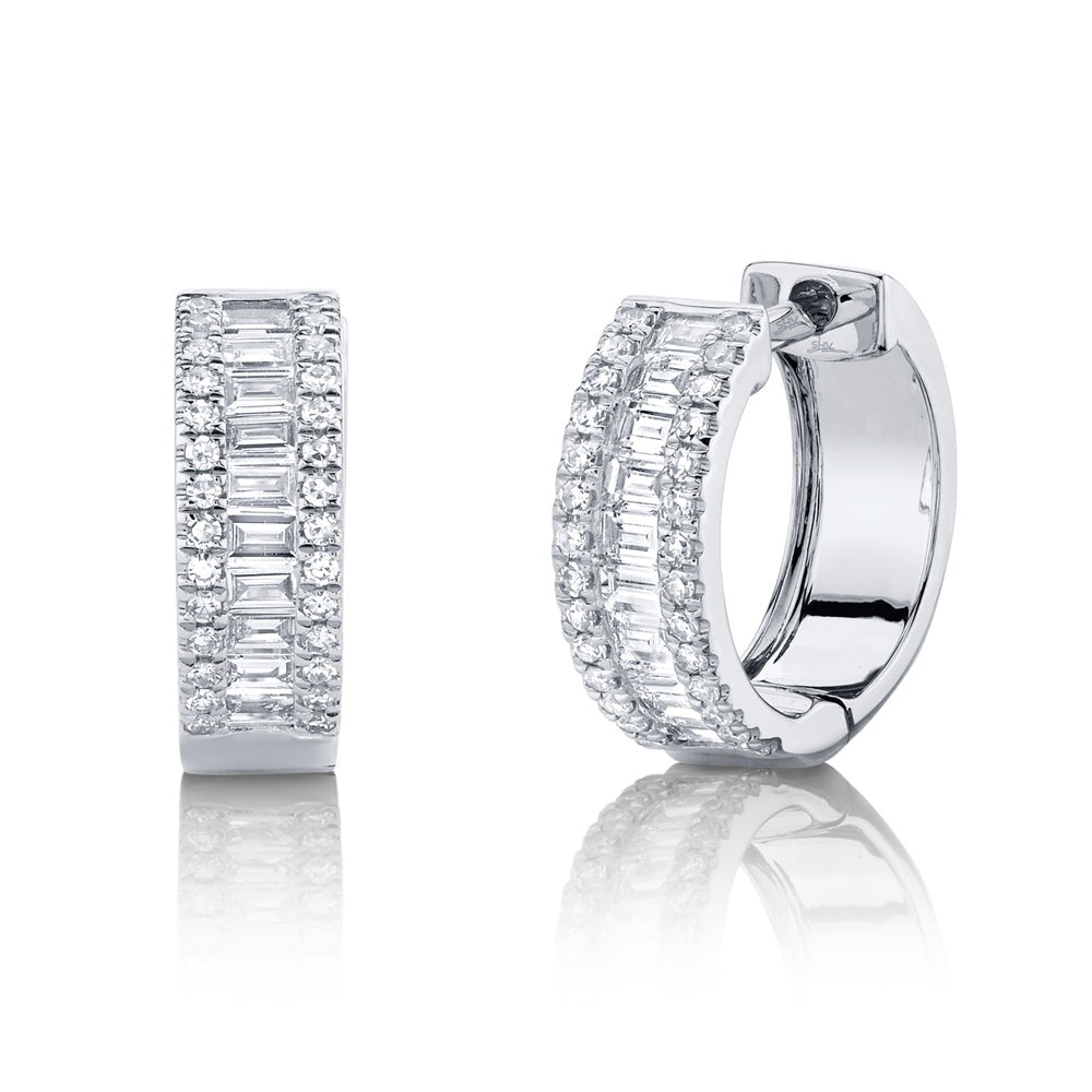 14k White Gold 0.49Ct Baguette and Round Diamond Huggie Earring
