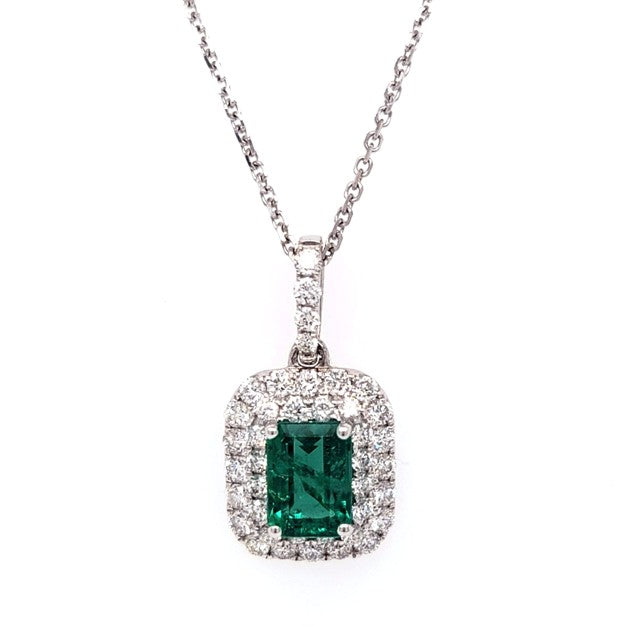 14k White Gold 0.87Ct Emerald Cut Emerald with 0.61Ct Double Diamond Halo Pendant