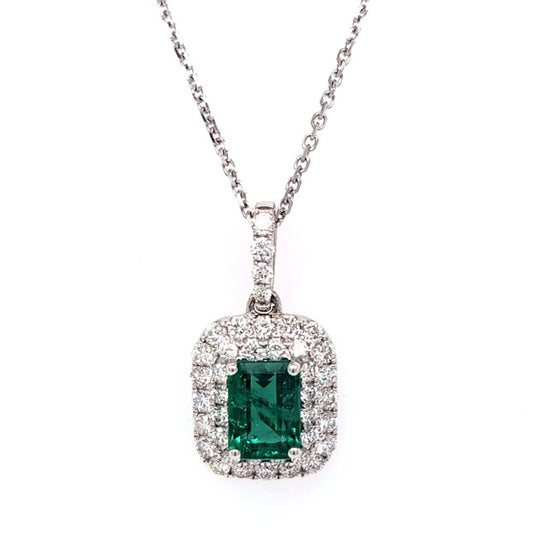 14k White Gold 0.87Ct Emerald Cut Emerald with 0.61Ct Double Diamond Halo Pendant